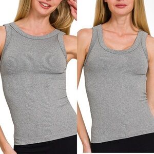 NEW ZENANA 2 WAY NECKLINE WASHED SEAMLESS RIBBED TANK TOP HEATHER GRAY